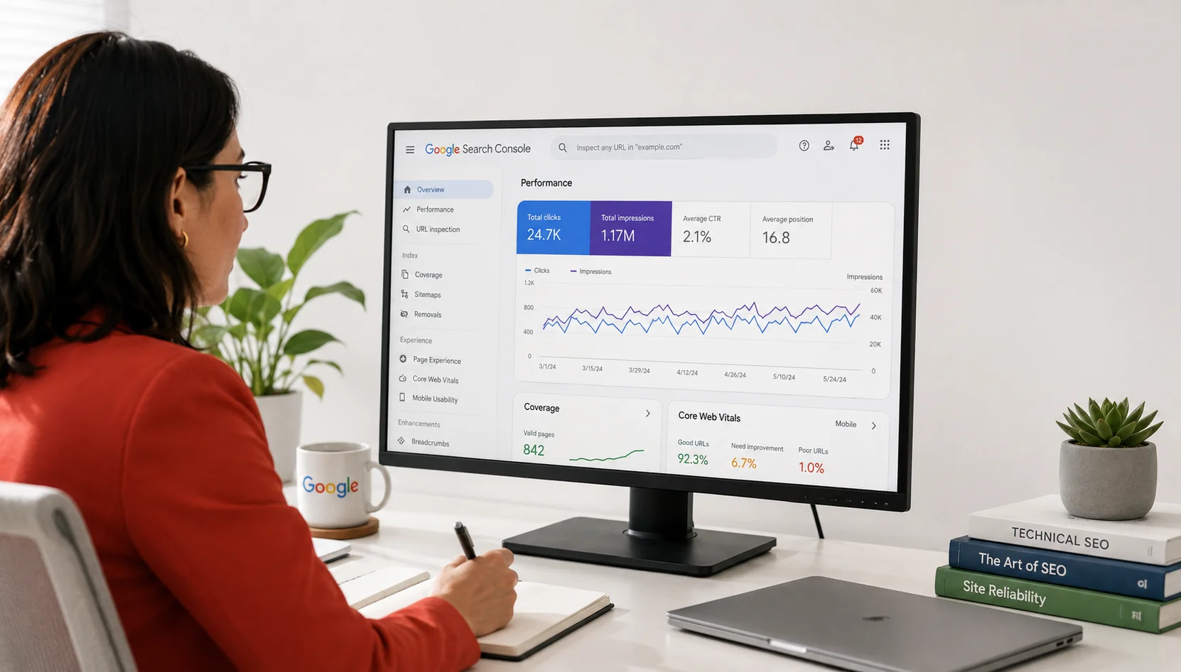 Google Search Console dashboard showing website search performance metrics