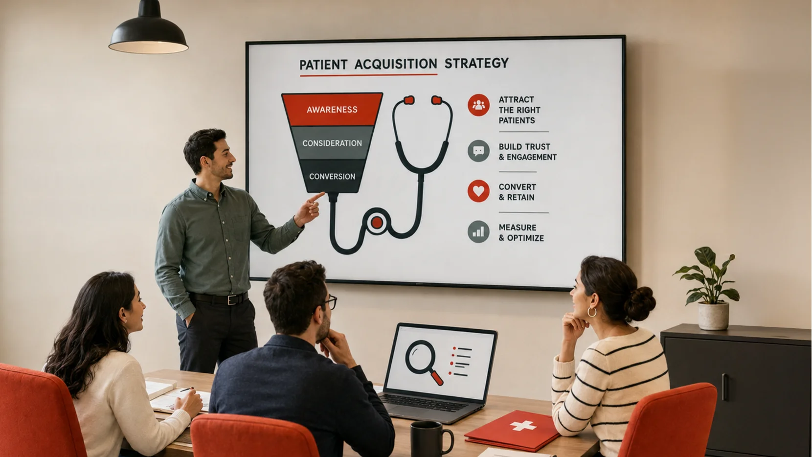 Team presenting a patient acquisition strategy funnel on a whiteboard