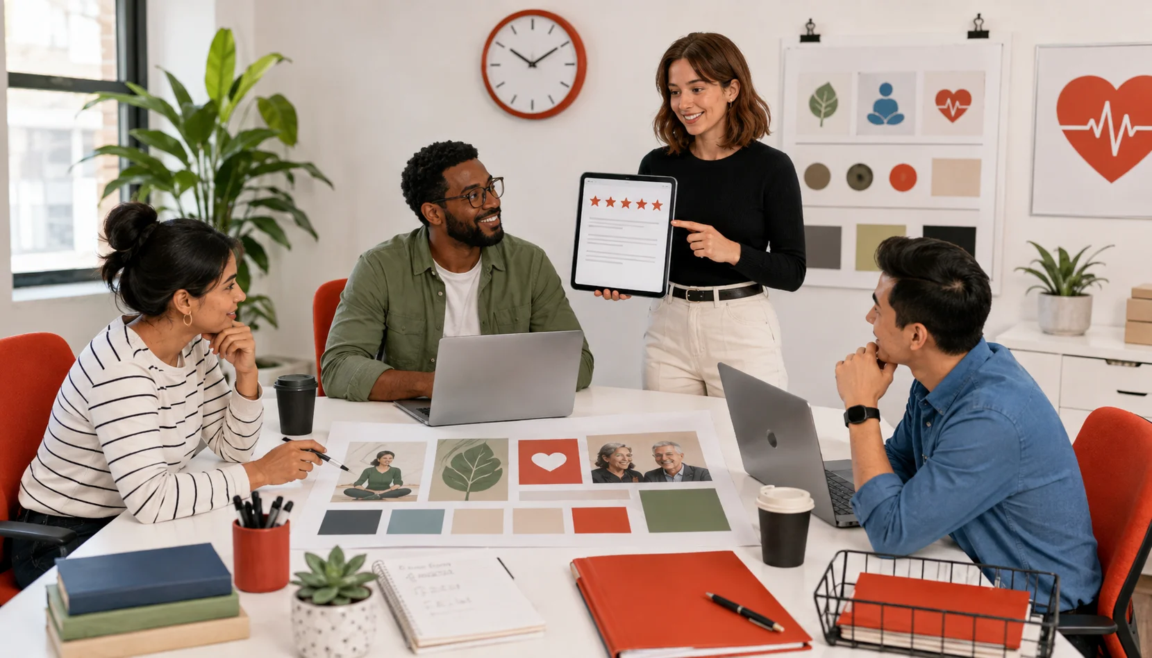 Team reviewing brand identity and a five-star patient review on a tablet