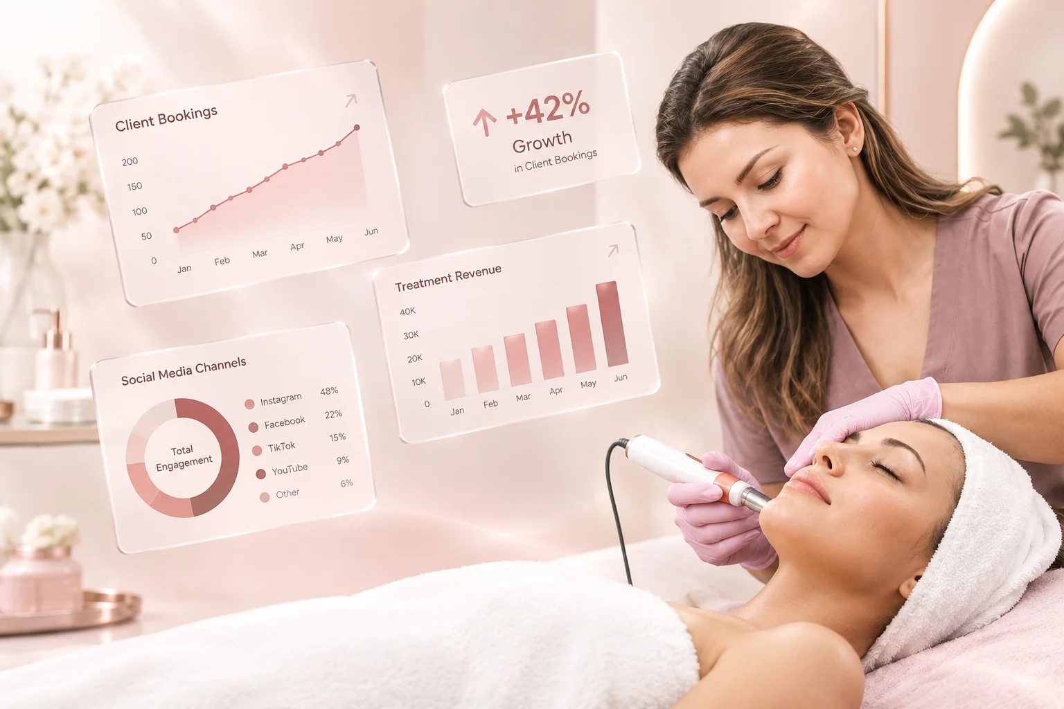 Med spa esthetician performing a facial treatment, with a dashboard showing client bookings growth, social media channel breakdown, and treatment revenue