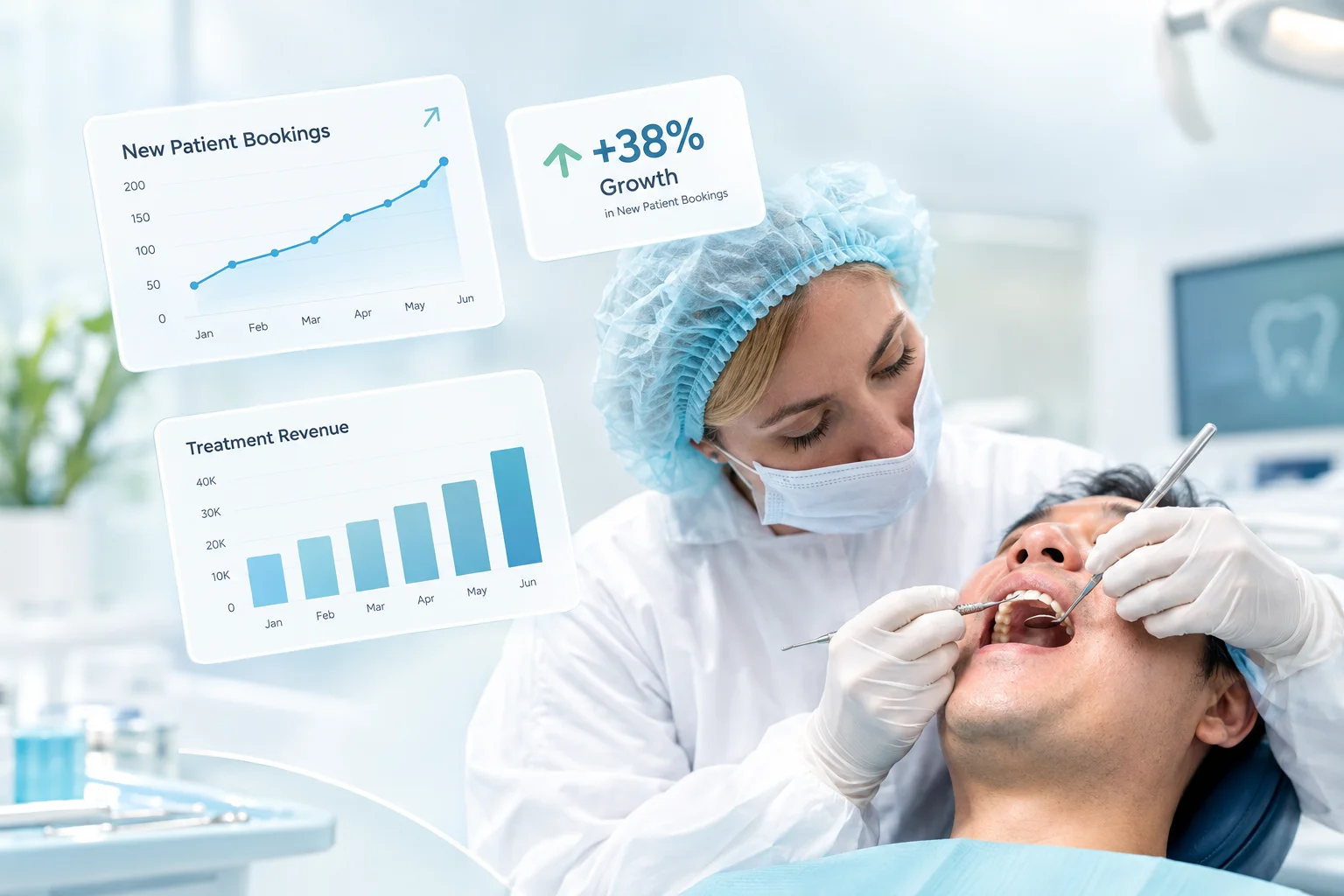 Dental hygienist examining a patient's teeth during a checkup, with a dashboard showing new patient bookings growth and treatment revenue