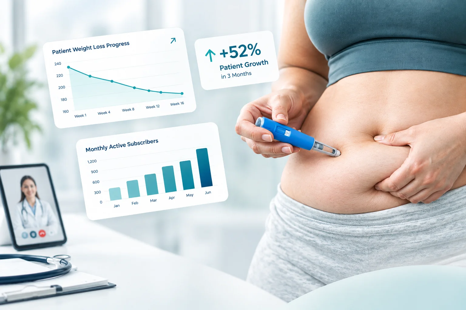 Telehealth weight loss patient self-administering a GLP-1 injection during a video consultation, with a dashboard showing weight loss progress and monthly active subscriber growth